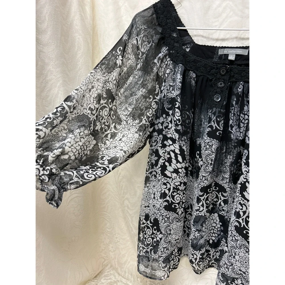 NY Collection Womens Black White Damask Chiffon Blouse Crochet Lace Trim Large - Picture 2 of 8